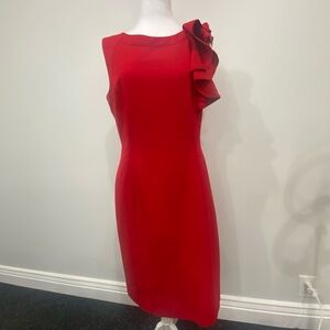 Calvin Klein Striking Ruffle shoulder Red Dress Size 10